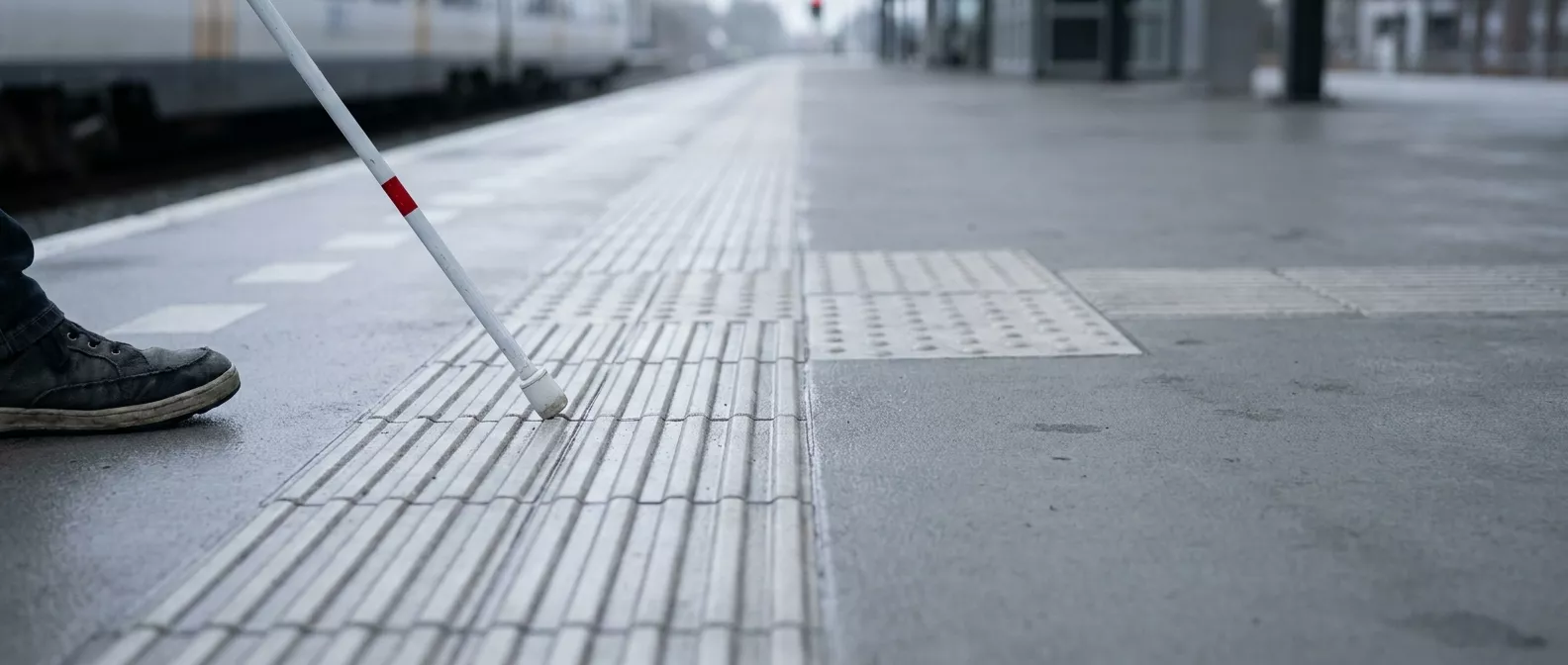 Bodenleitsystem auf einem Bahnsteig, die Spitze eines Blindenstocks tastet die gerillten Platten ab.