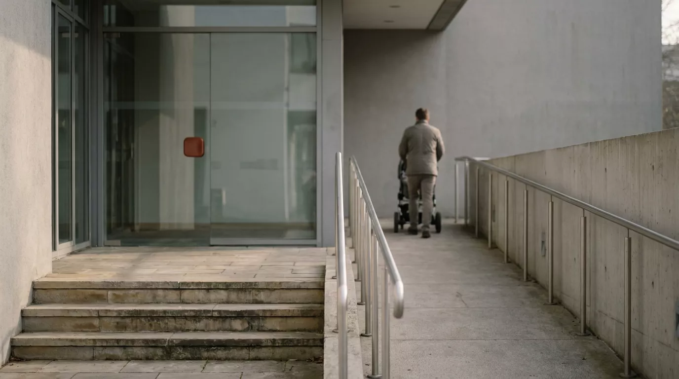Eingang eines Gebäudes mit Treppe, daneben eine flache Rampe mit Handlauf, auf der eine Person einen Kinderwagen schiebt.