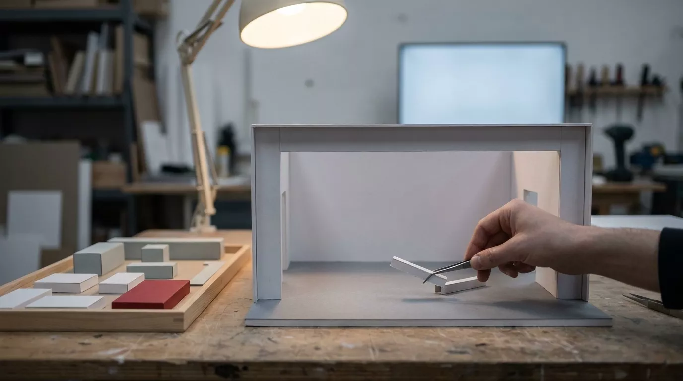 Eine Hand setzt mit einer Pinzette ein kleines weißes Bauteil in ein offenes Raummodell, daneben liegen weitere Bausteine in einer Schale.