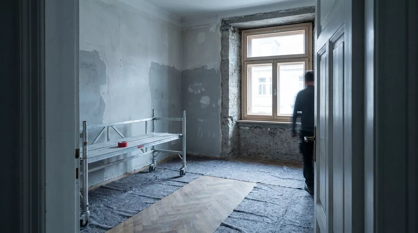 Altbauzimmer während einer Renovierung: abgedeckter Holzboden, ein niedriges Gerüst und ein neu eingesetzter Fensterrahmen in der alten Mauer.
