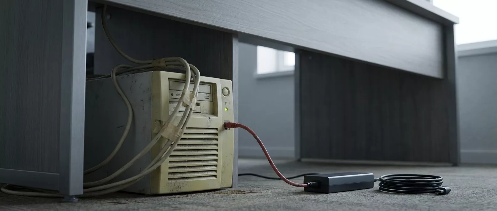 Unter einem modernen Schreibtisch läuft noch ein alter, vergilbter Computer mit verstaubten Lüftungsschlitzen.