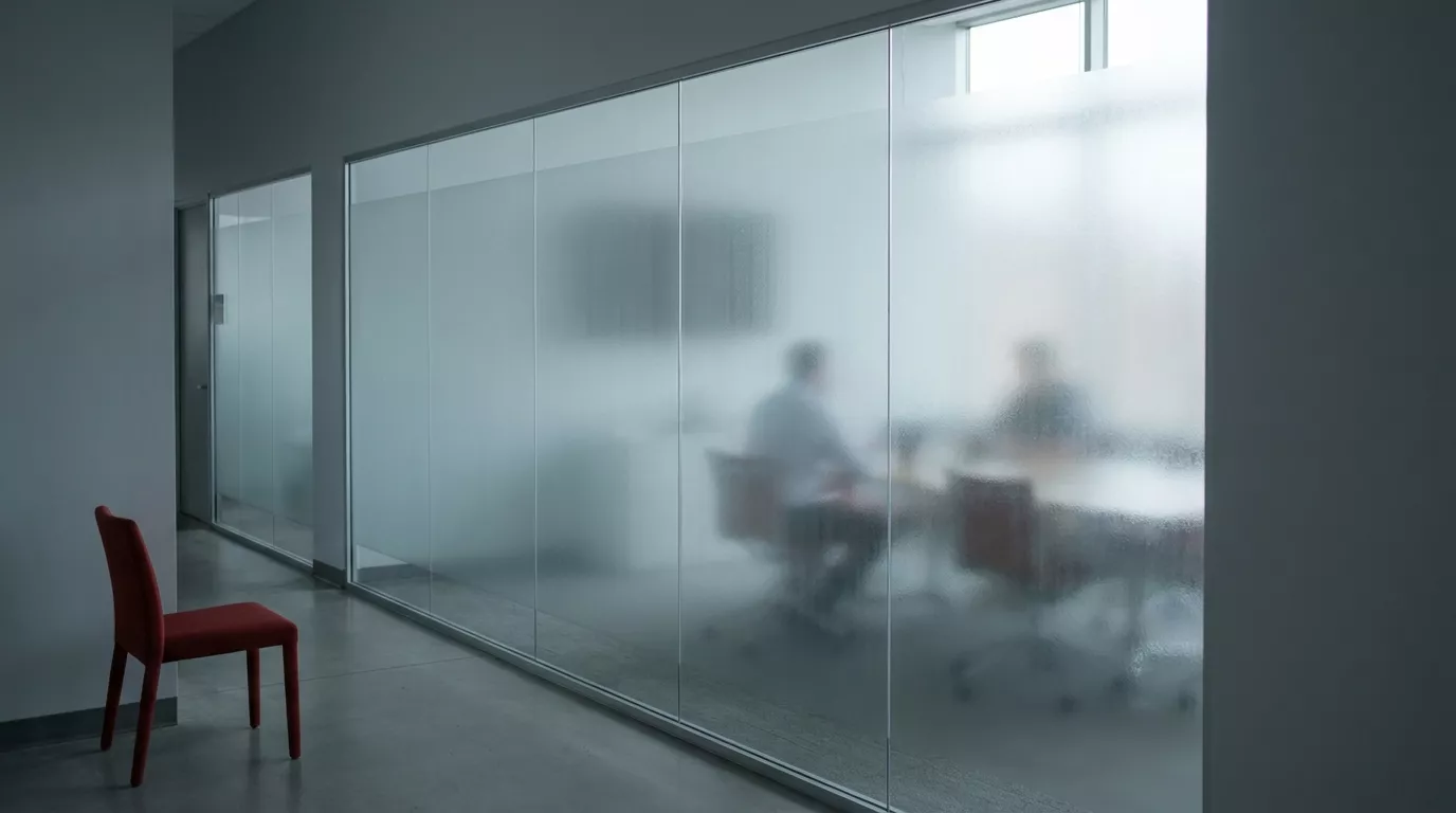 Bürogang mit Milchglaswand, dahinter verschwommen zwei Personen an einem Tisch, davor ein roter Stuhl.