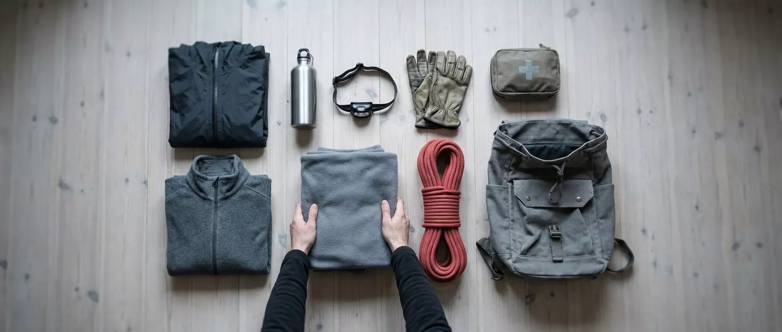 Von oben gesehen: Ausrüstung für eine Bergtour liegt geordnet auf einem Holzboden neben einem offenen Rucksack, zwei Hände legen das letzte Teil dazu.