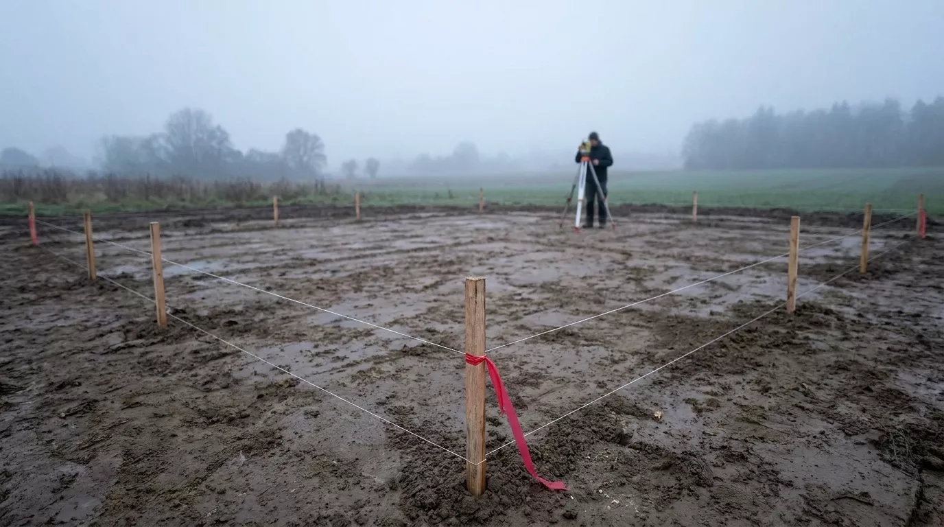 Ein leeres Baugrundstück mit Holzpflöcken und gespannten Schnüren, die den Grundriss eines künftigen Hauses markieren.