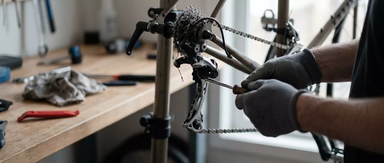 Ein Fahrrad im Montageständer, Hände stellen mit einem kleinen Schraubendreher die Schaltung nach.