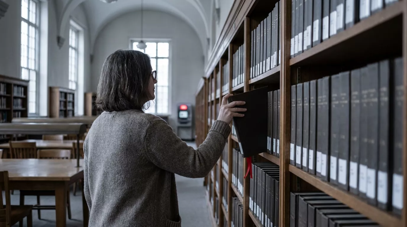 Bibliothek am Morgen: Eine Bibliothekarin stellt ein Buch an seinen festen Platz in ein ordentlich sortiertes Regal.