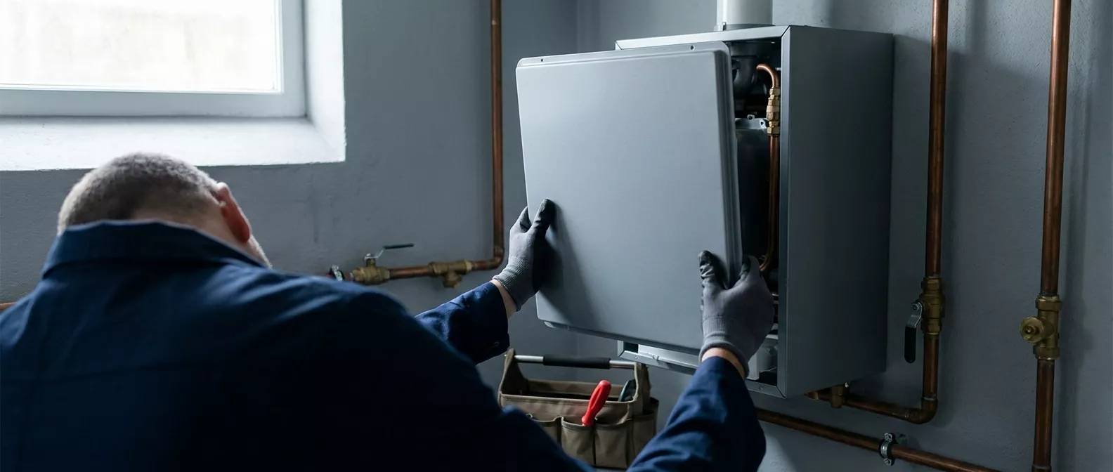 Ein Techniker öffnet im Heizungskeller die Abdeckung eines Gaskessels, neben ihm steht ein Werkzeugkasten.