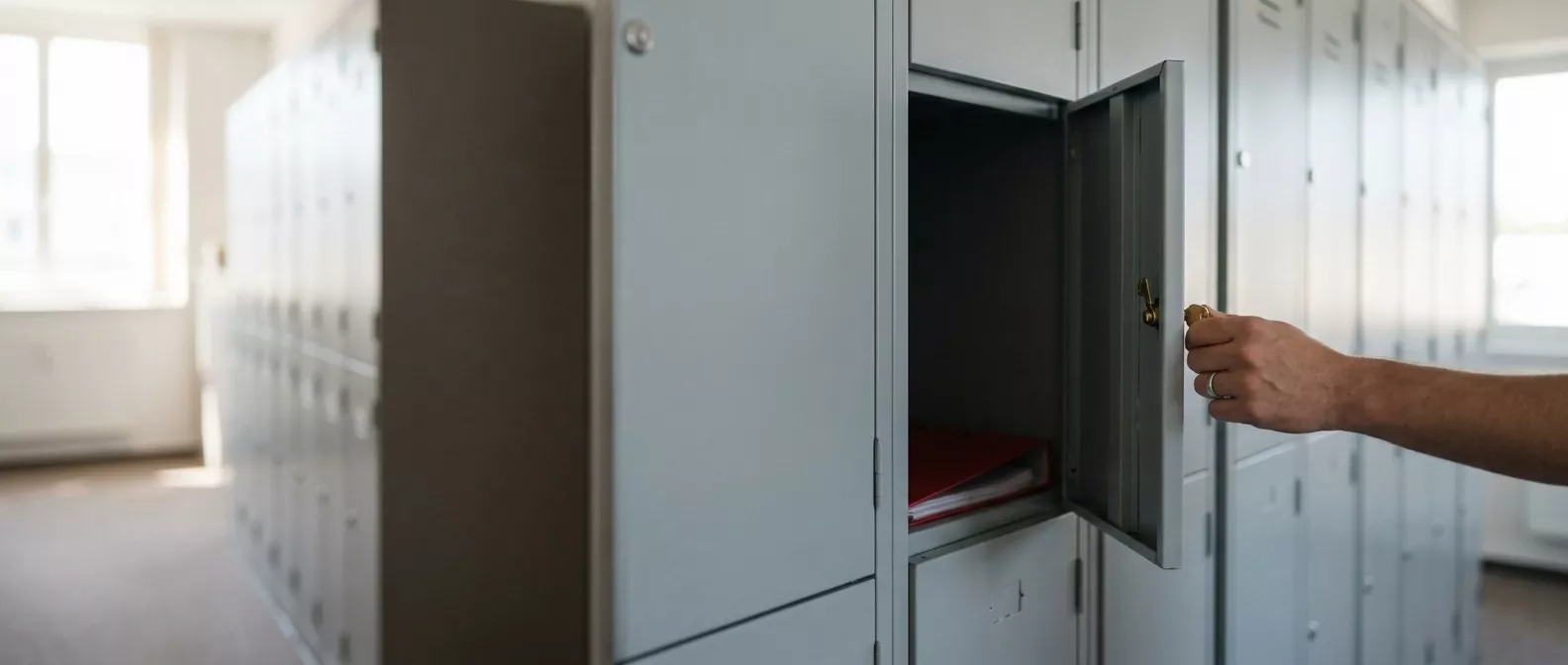Eine Reihe grauer Schließfächer in einem Bürogang, eine Hand schließt mit einem Schlüssel ein einzelnes Fach auf, alle anderen bleiben zu.