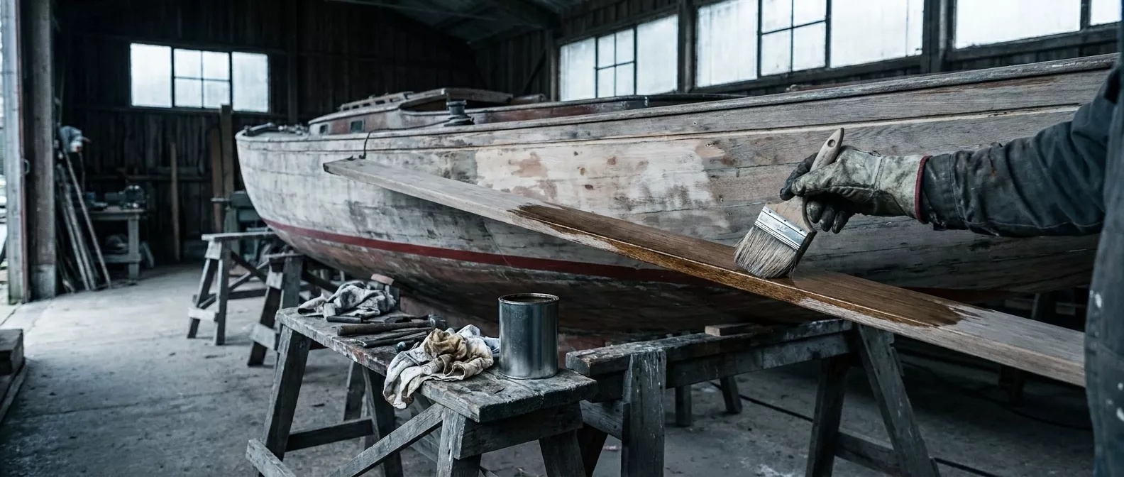 Ein Holzboot auf Böcken in einer Werfthalle, eine Hand trägt mit dem Pinsel Lack auf eine Planke auf.
