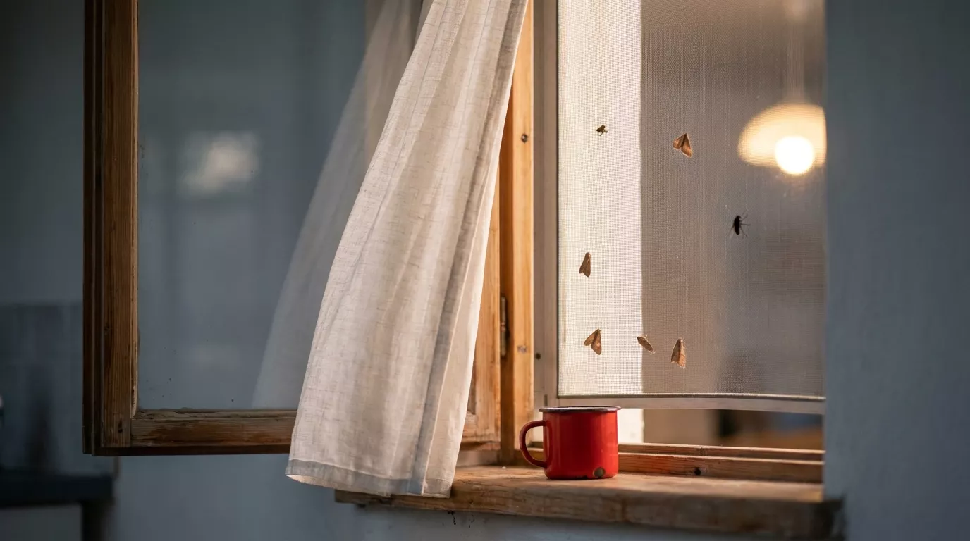 Offenes Küchenfenster mit feinem Fliegengitter, draußen sitzen ein paar Motten und eine Fliege, drinnen steht eine rote Tasse auf dem Fensterbrett.