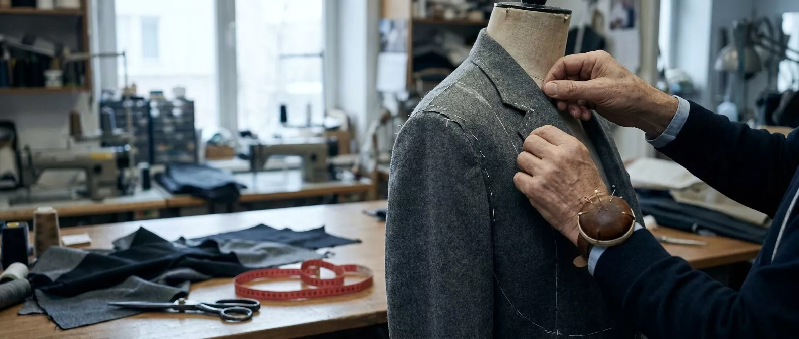Eine Hand passt an einer Schneiderpuppe die Schulter eines halbfertigen grauen Jacketts mit Stecknadeln an.
