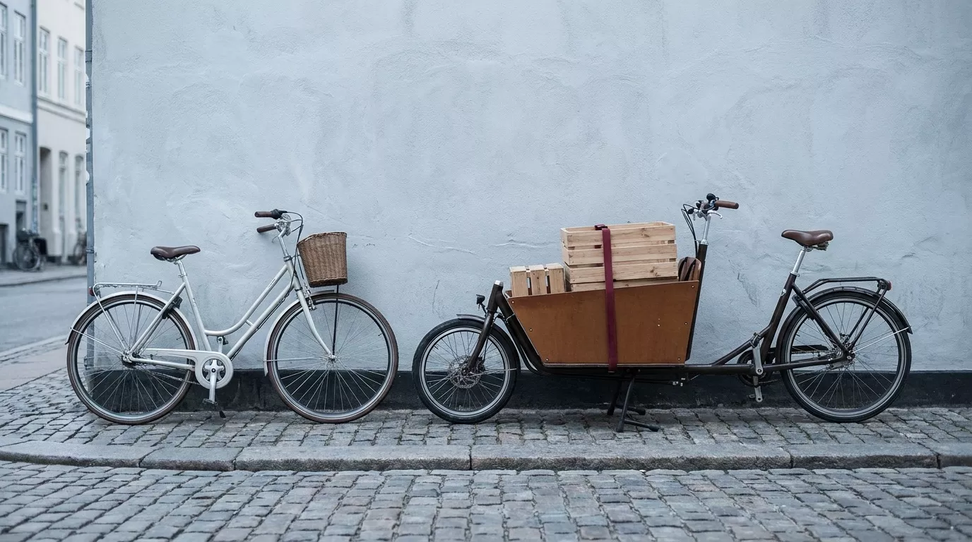 Ein schlankes Stadtrad und ein Lastenrad mit beladener Transportkiste stehen nebeneinander an einer hellen Hauswand.